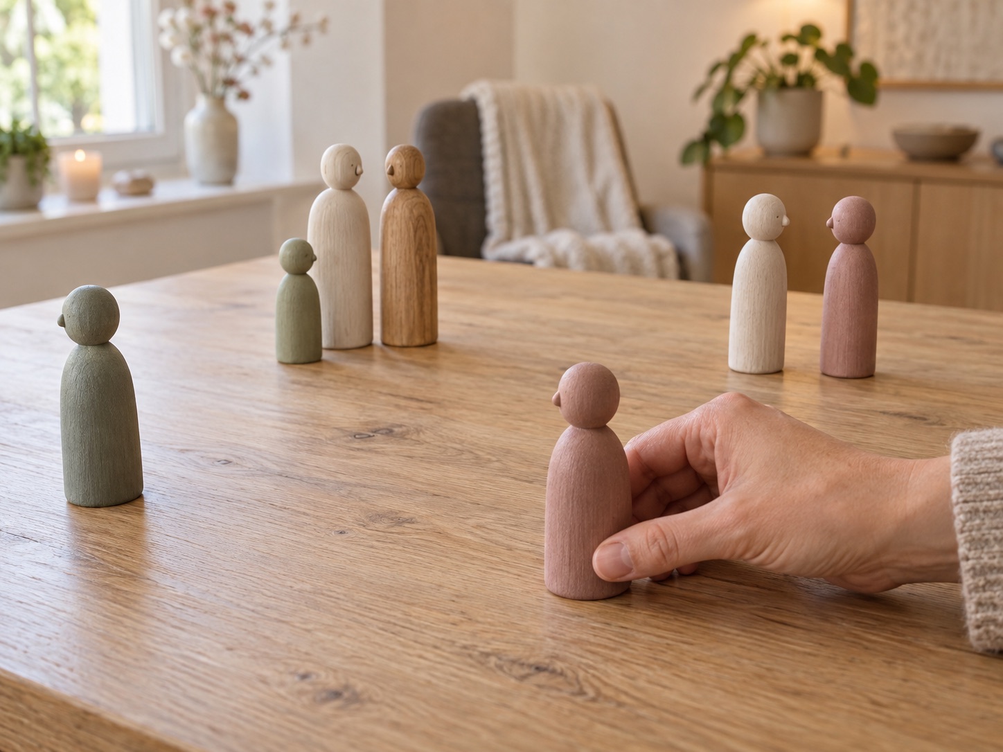 Houten poppetjes in pastelkleuren als tafelopstelling